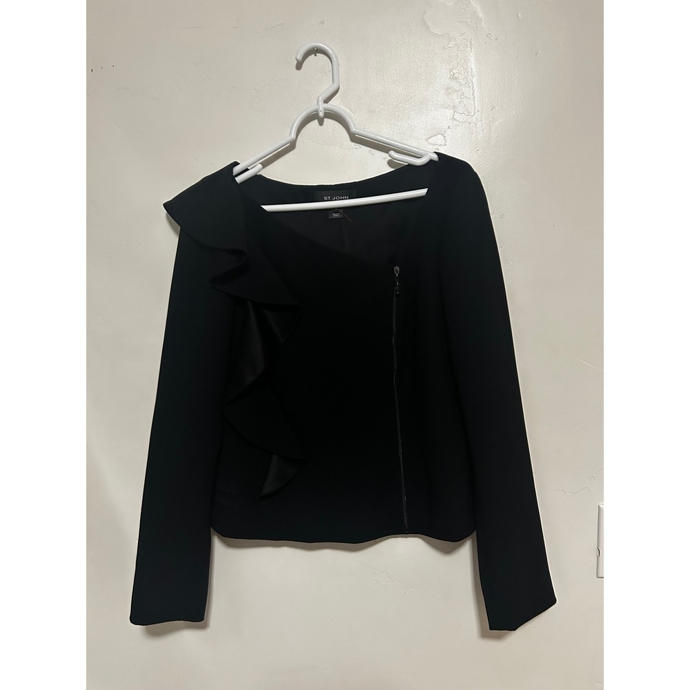 St. John Black Asymmetric Ruffle Silk Lined Zip Front Jacket Size 8
